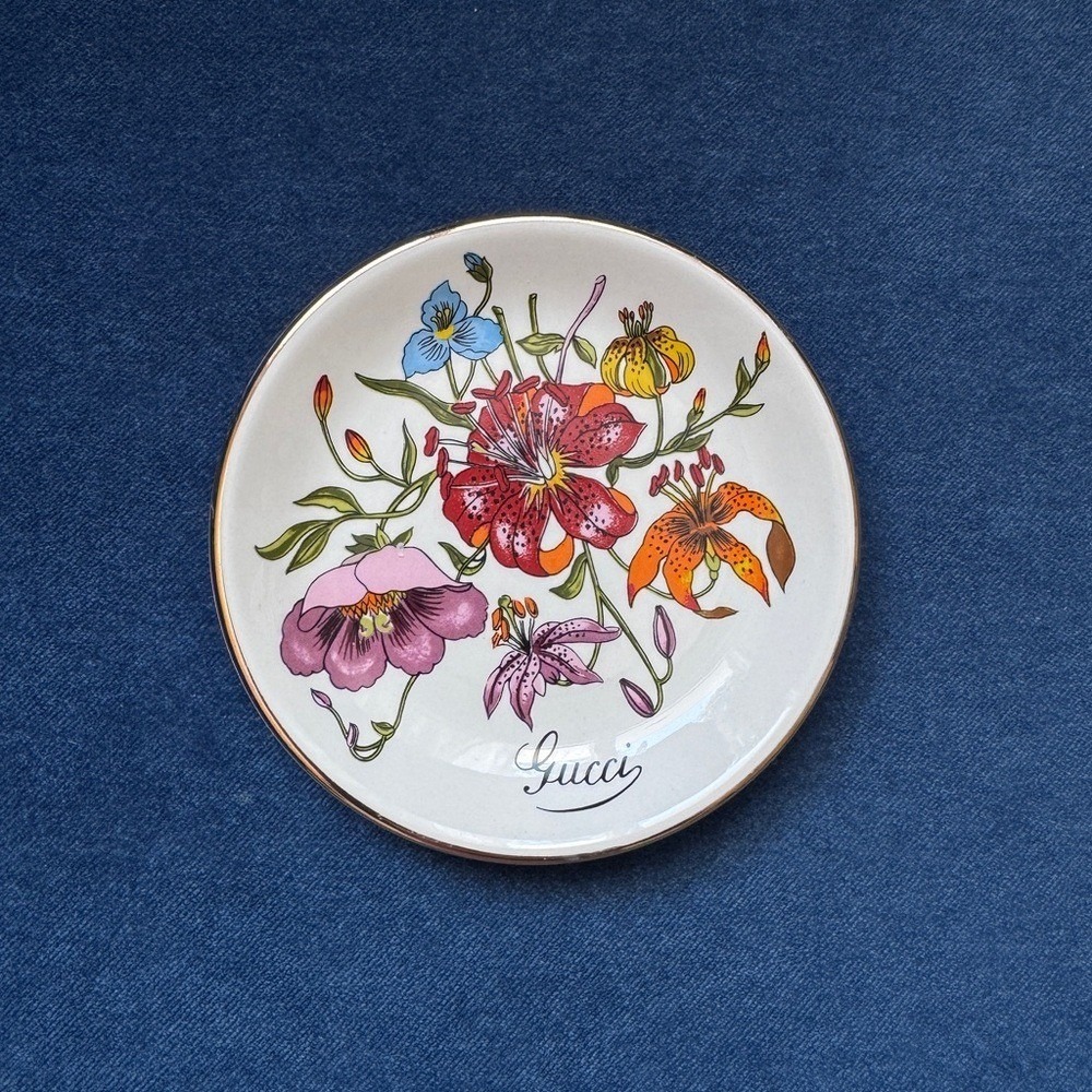 Vintage GUCCI Floral‎ Logo Monogram Gold Trinket Dish Porcelain Tray plate